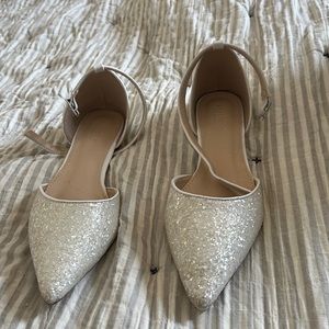 Glitter Pointed Toe Flats with Ankle Strap - White
